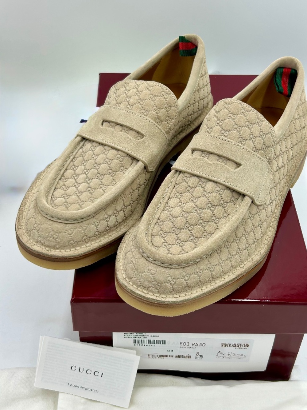 Men’s Gucci Suede GG Monogram Web Penny Loafer. Size 8.(fits 9). Made in Italy.